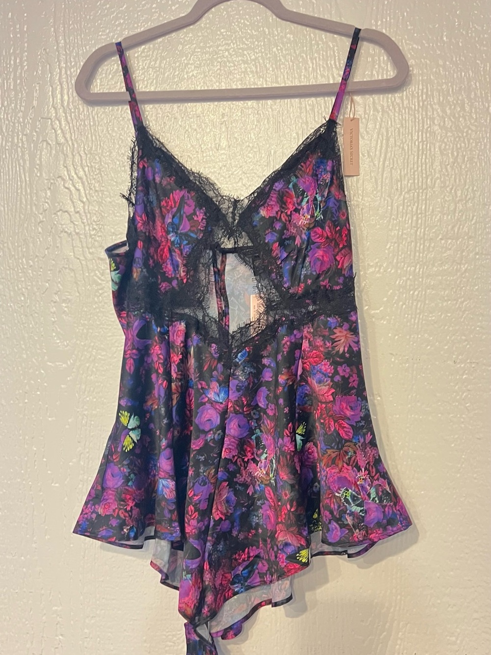 Victoria's Secret Black Lace Trim Floral Satin Cami